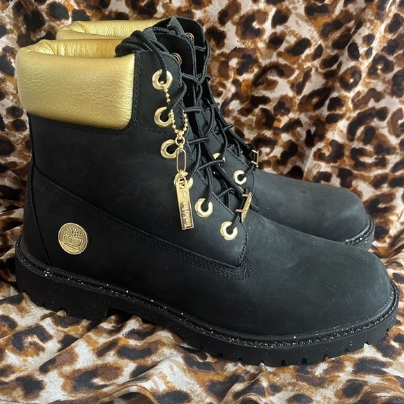 Brand New Timberland 6" Leather Black & Gold Metallic Lace Up Hiking Boots - Picture 4 of 15